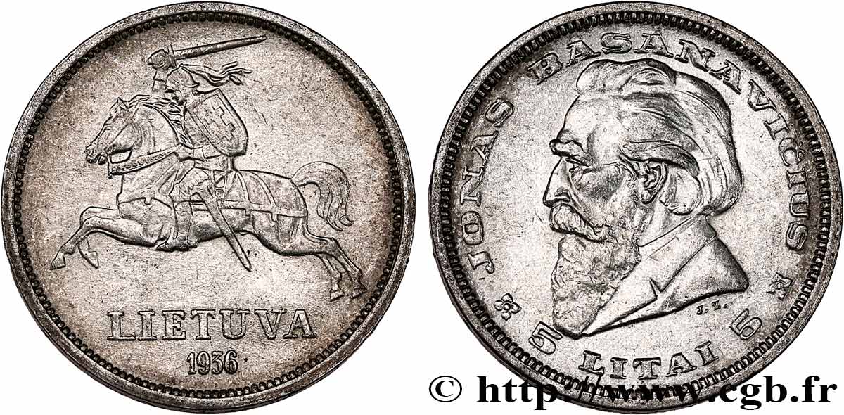 LITUANIE 5 Litai chevalier Vitis / Dr Jonas Basanavicius 1936  TTB+/SUP 