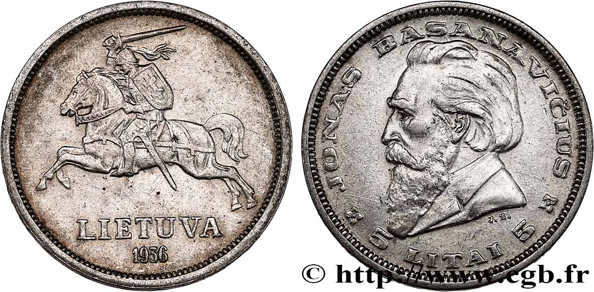 LITUANIE 5 Litai chevalier Vitis / Dr Jonas Basanavicius 1936  TTB+/SUP 