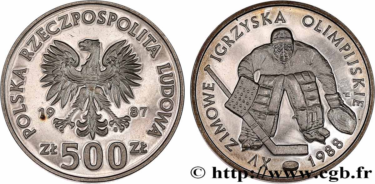 POLOGNE 500 Zlotych Proof XVe Jeux Olympiques d’hiver - hockey sur glace 1987 Varsovie SPL 