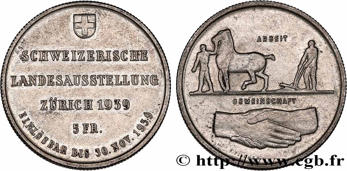 SUIZA 5 Francs Exposition de Zurich 1939 Huguenin - Le Locle MBC+ 