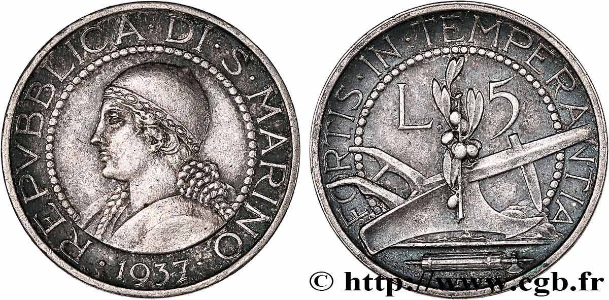 SAN MARINO 5 Lire portrait de femme / charrue 1937 Rome - R BB 