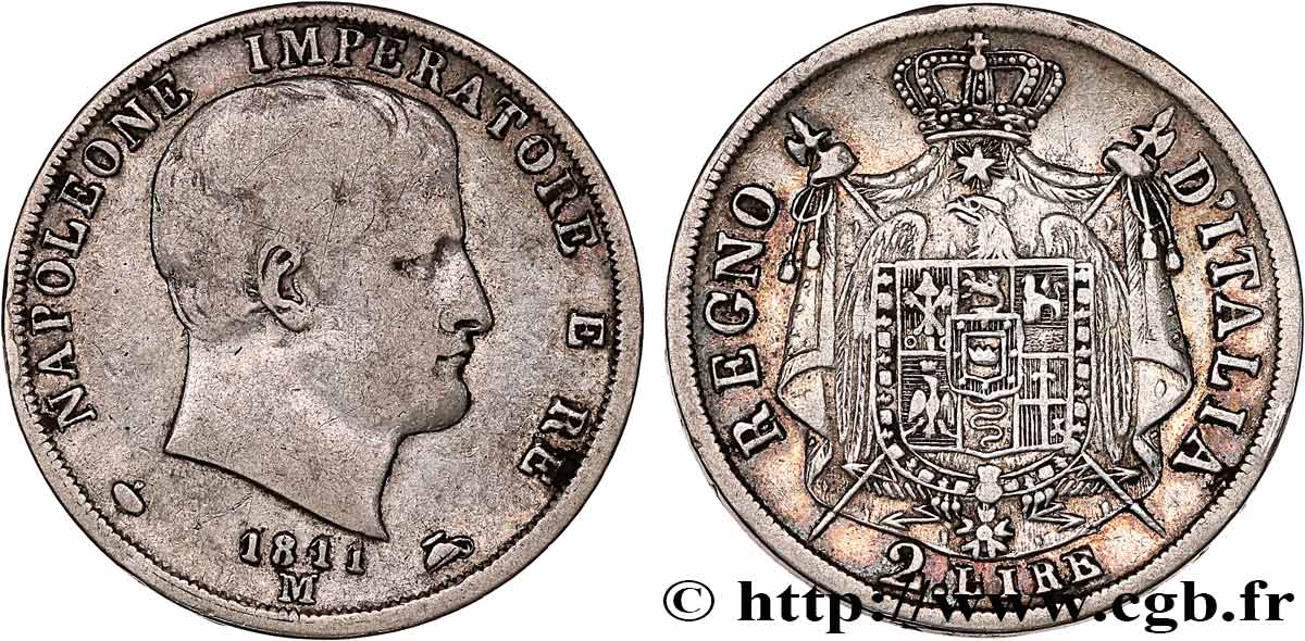 ITALY - KINGDOM OF ITALY - NAPOLEON I 2 Lire 1811 Milan VF 