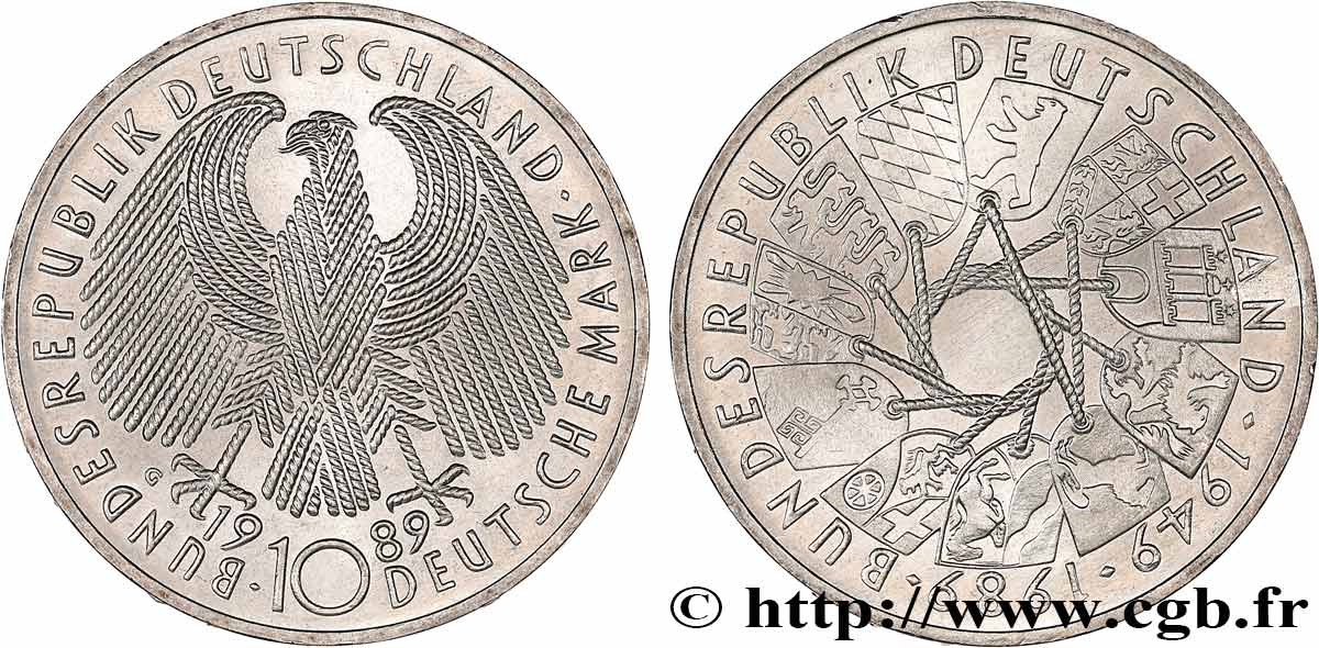ALLEMAGNE 10 Mark aigle héraldique / 40e anniversaire de la fondation de la République Fédérale Allemande 1989 Karlsruhe SPL 