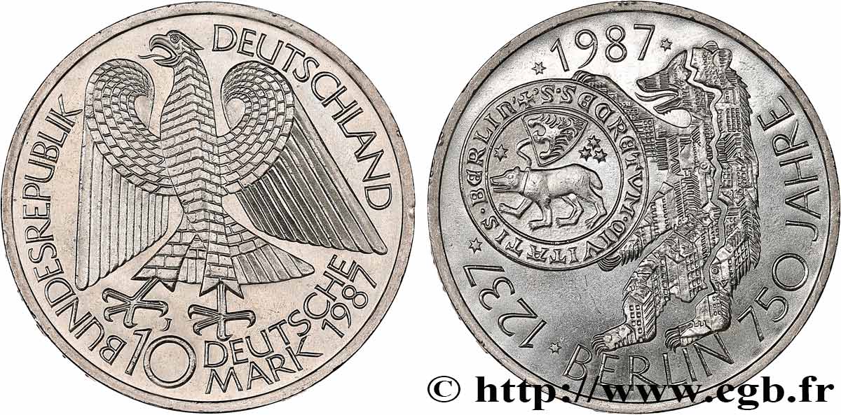 GERMANIA 10 Mark 750e anniversaire de la ville de Berlin 1987 Hambourg MS 