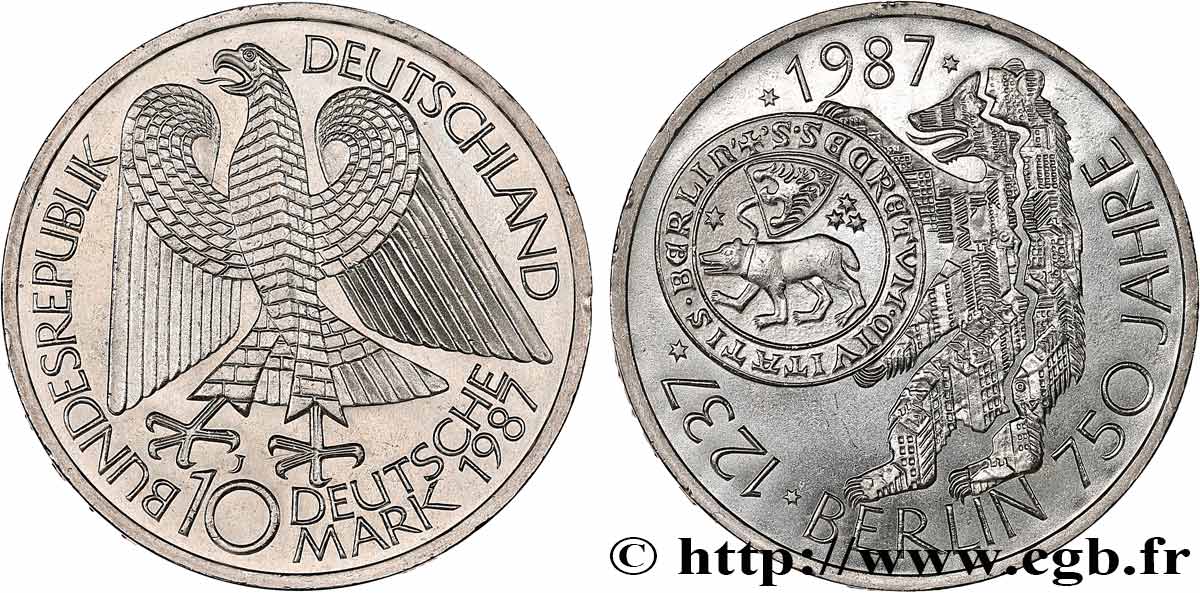 DEUTSCHLAND 10 Mark 750e anniversaire de la ville de Berlin 1987 Hambourg fST 