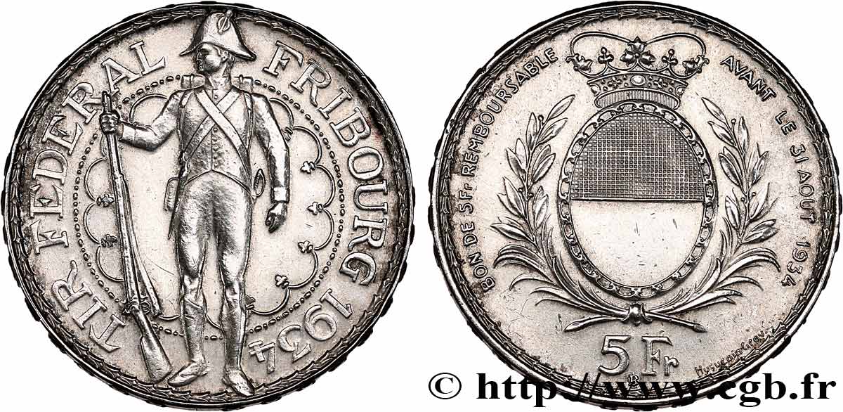 SUISSE 5 Francs, monnaie de Tir, Fribourg 1934 Le Locle SUP 