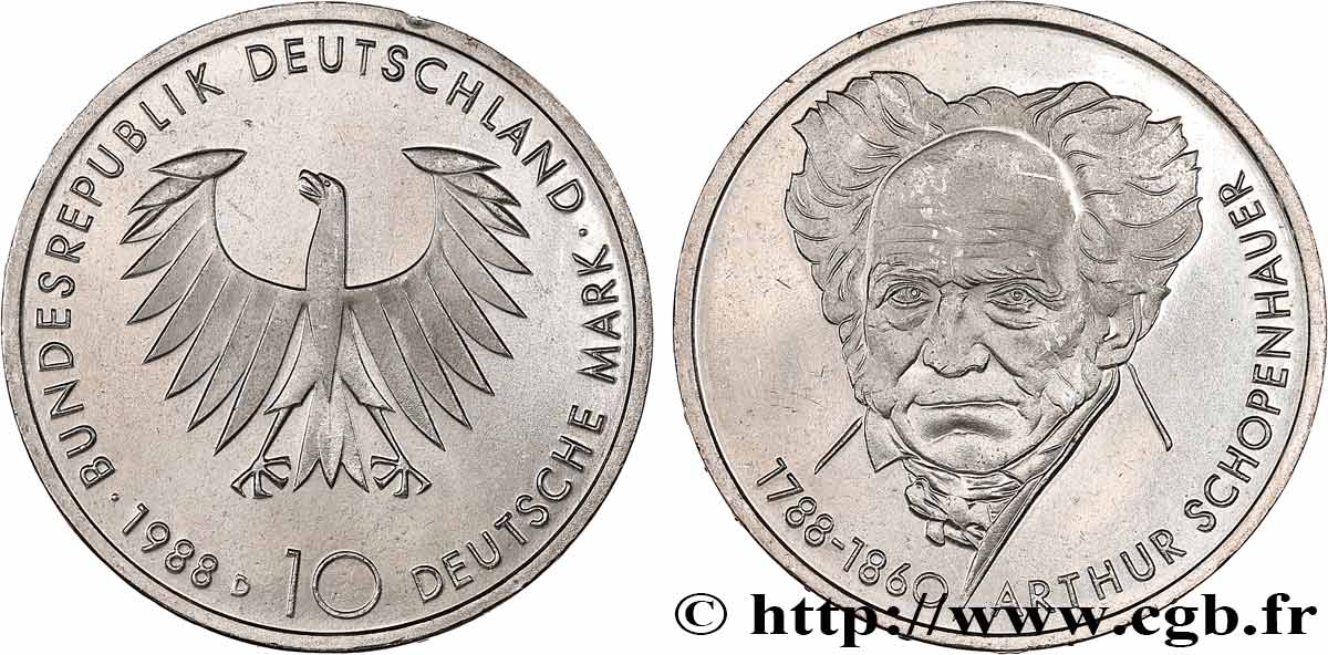 GERMANY 10 Mark Proof Schopenhauer 1988 Munich MS 