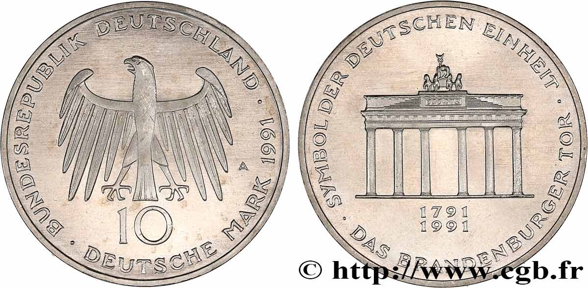 GERMANY 10 Mark 200e anniversaire de l’inauguration de la Porte de Brandebourg 1991 Berlin AU 
