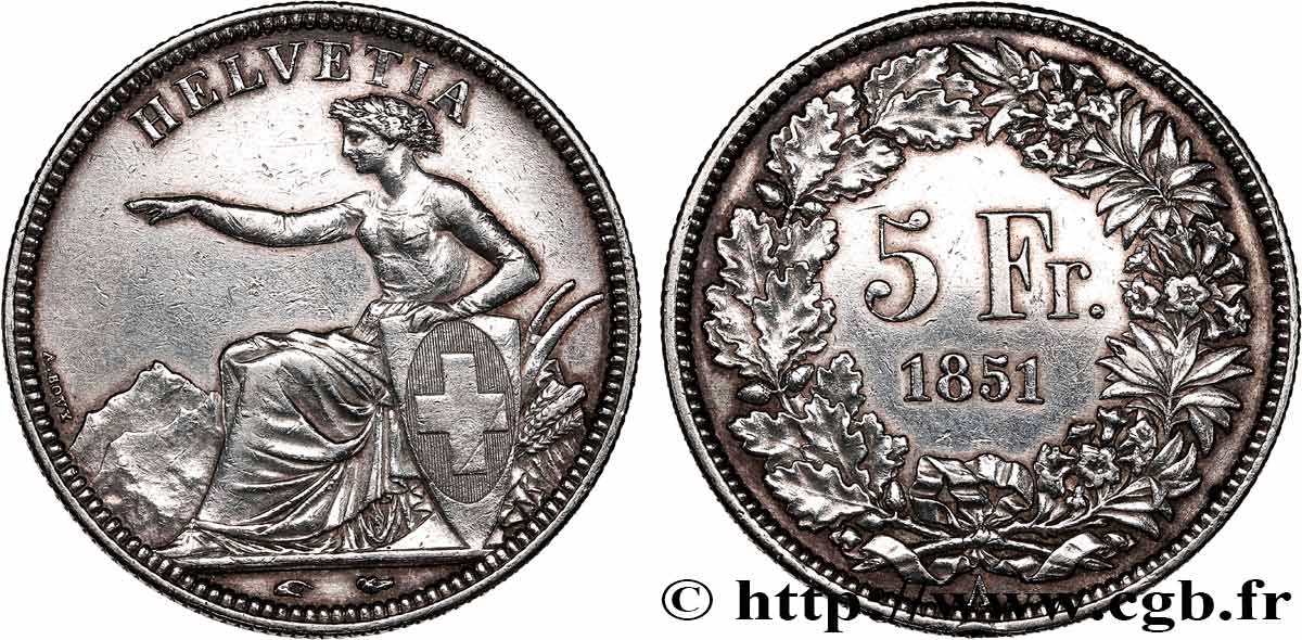 SUISSE - CONFEDERATION 5 Francs Helvetia assise 1851 Paris MBC 