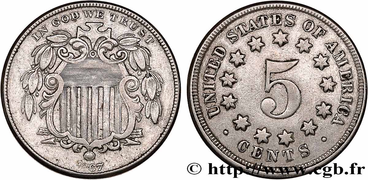 ÉTATS-UNIS D AMÉRIQUE 5 Cents bouclier variété sans rayons entre les étoiles 1867 Philadelphie TB+ 
