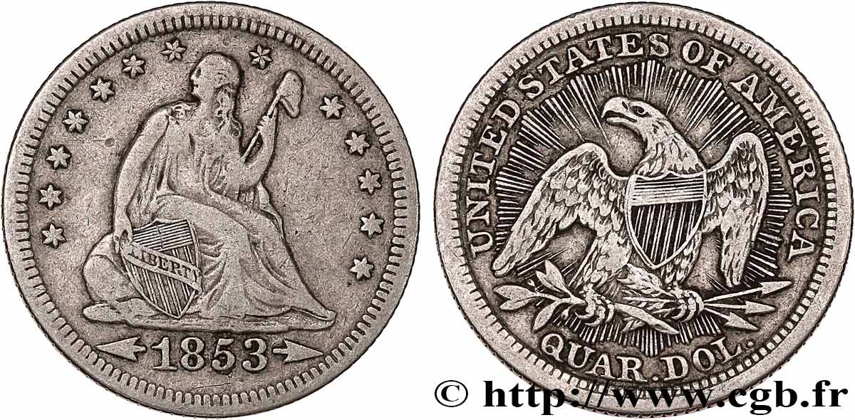 STATI UNITI D AMERICA 1/4 Dollar 1853 Philadelphie q.BB 