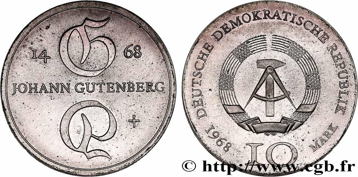 ALLEMAGNE RÉPUBLIQUE DÉMOCRATIQUE 10 Mark Johann Gutenberg 1968 Berlin SPL 