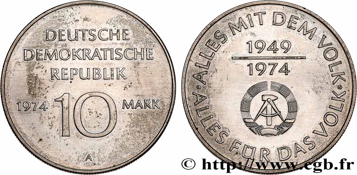 GERMAN DEMOCRATIC REPUBLIC 10 Mark 25 ans de la république démocratique 1974 Berlin AU 