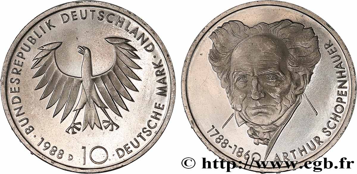GERMANY 10 Mark Proof Schopenhauer 1988 Munich MS 