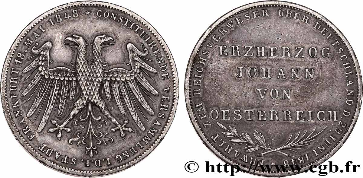 GERMANY - FREE CITY OF FRANKFURT 2 Gulden élection de Jean Archiduc d’Autriche 1848  XF 