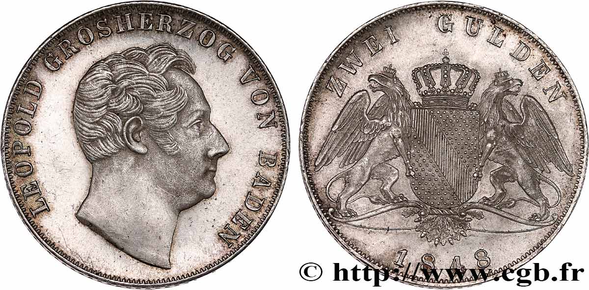 ALEMANIA - BADEN 2 Gulden Léopold Ier de Bade 1848 Karlsruhe MBC+/EBC 