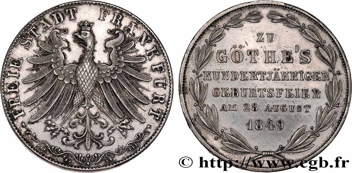 ALLEMAGNE - VILLE LIBRE DE FRANCFORT 2 Gulden 100e anniversaire de la naissance de Goethe 1849 Francfort TTB+ 