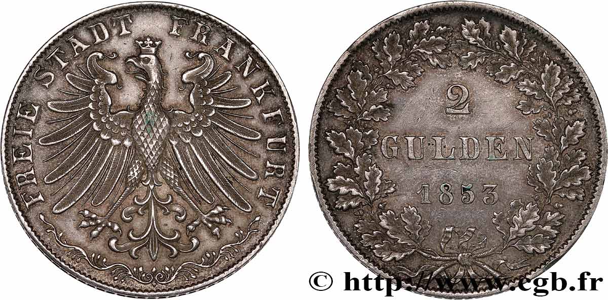 ALLEMAGNE - VILLE LIBRE DE FRANCFORT 2 Gulden 1853 Francfort TTB+ 