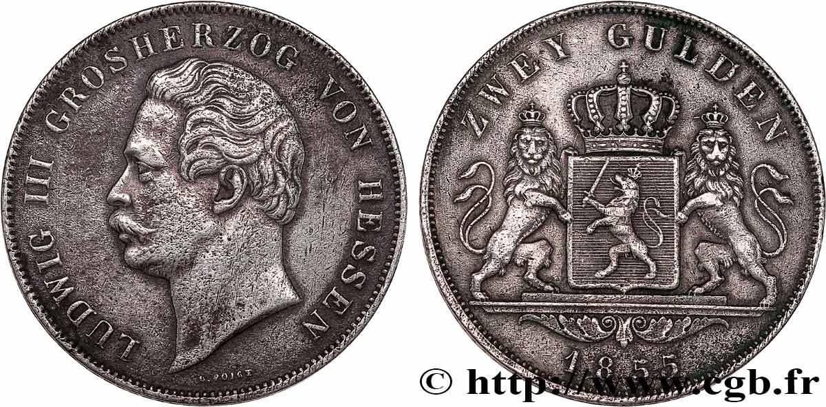 ALLEMAGNE - GRAND-DUCHÉ DE HESSE - LOUIS III 2 Gulden  1855  fSS 