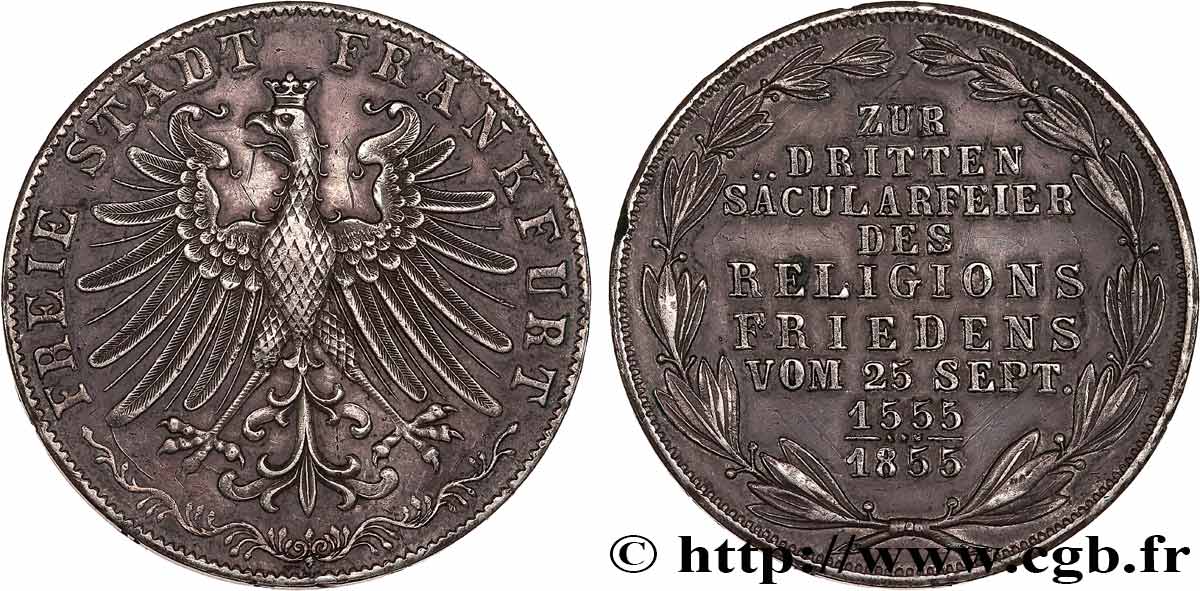 GERMANY - FRANKFURT FREE CITY 2 Gulden tricentenaire de la paix religieuse 1855 Francfort XF 