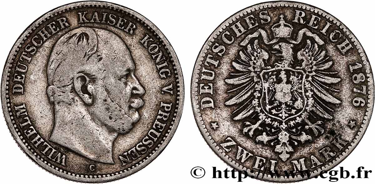 GERMANIA - PRUSSIA 2 Mark Guillaume Ier 1876 Francfort MB 