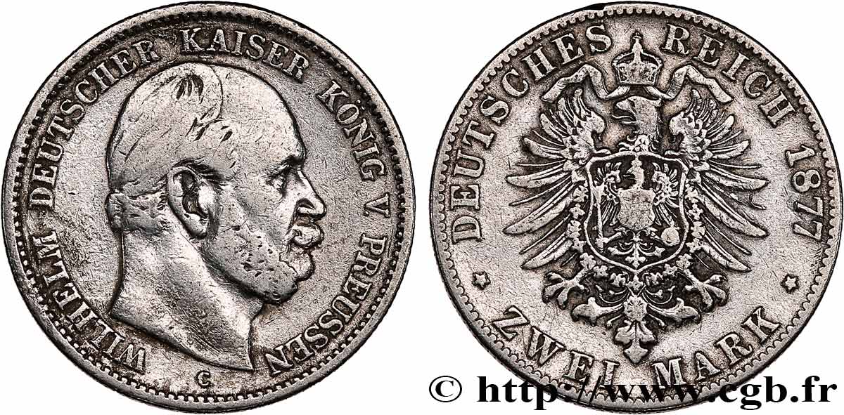 GERMANIA - PRUSSIA 2 Mark Guillaume Ier 1877 Francfort q.BB 