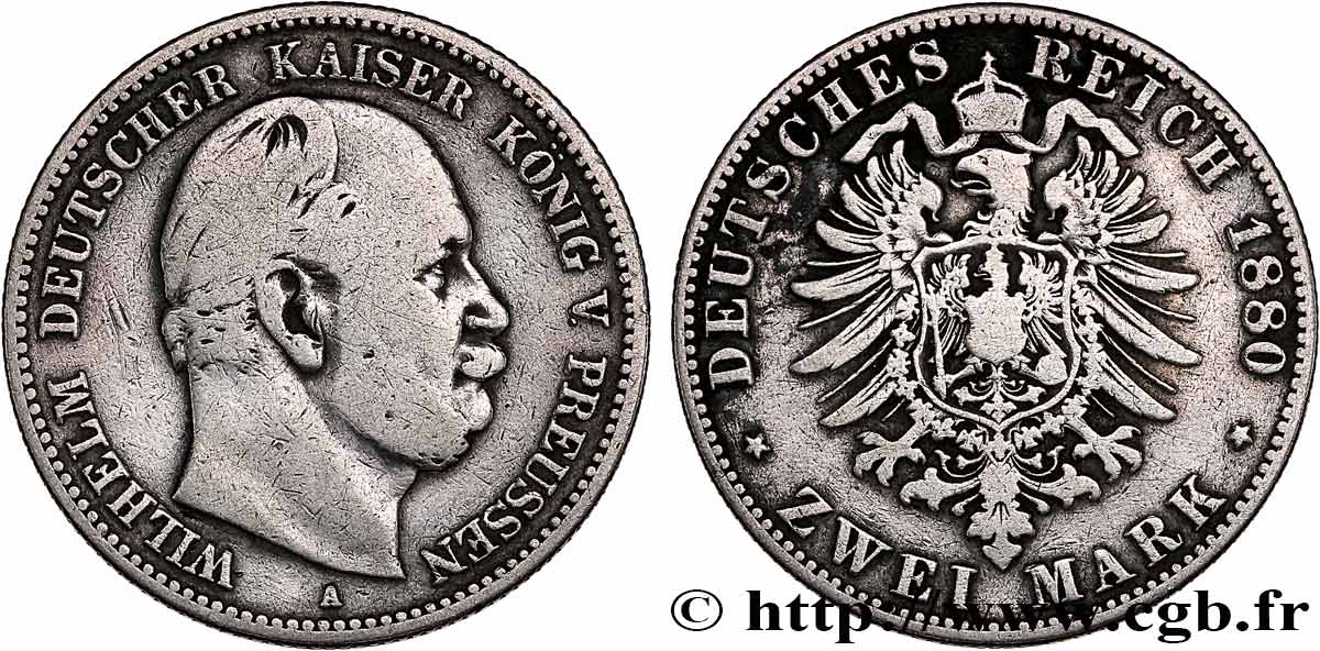 ALEMANIA - PRUSIA 2 Mark Guillaume Ier 1880 Berlin BC 