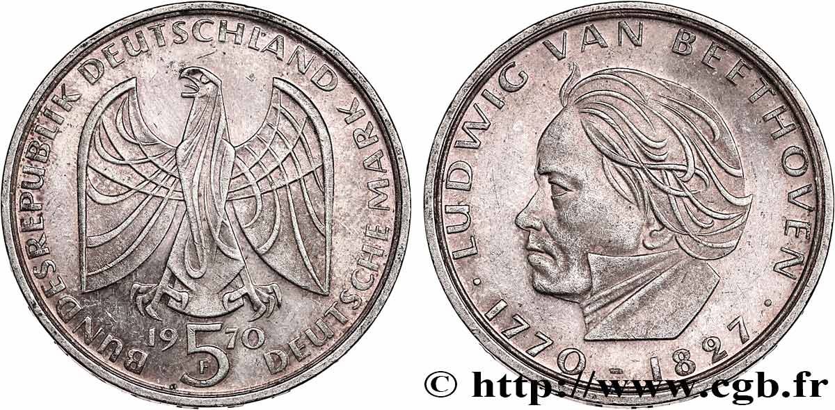 ALLEMAGNE 5 Mark Proof 200e anniversaire de la naissance de Beethoven 1970 Stuttgart  SPL 