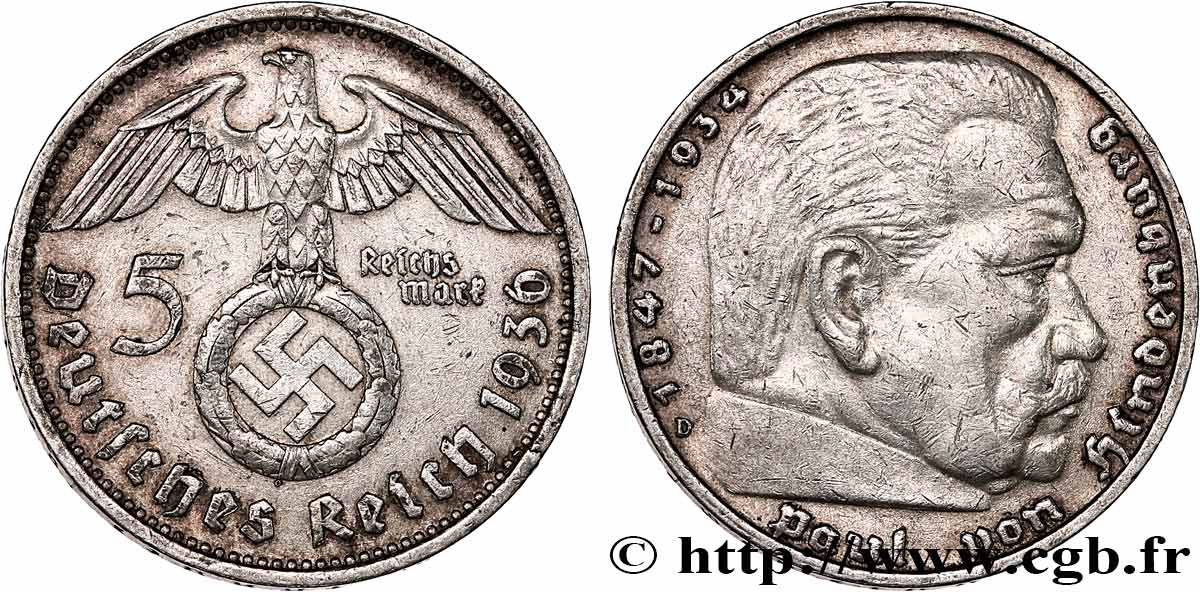 ALLEMAGNE 5 Reichsmark Maréchal Paul von Hindenburg 1936 Munich TTB 