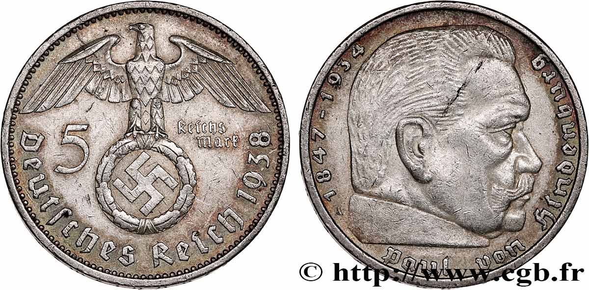 DEUTSCHLAND 5 Reichsmark Maréchal Paul von Hindenburg 1938 Berlin SS 