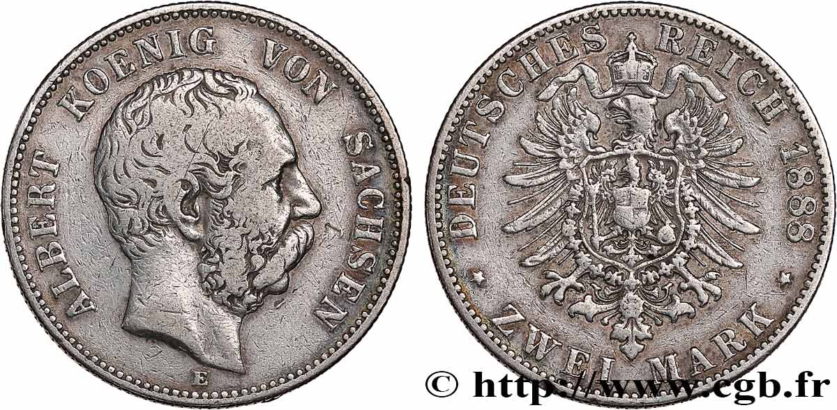 GERMANIA - SASSONIA 2 Mark - Royaume de Saxe Albert 1888 Muldenhütten q.BB 