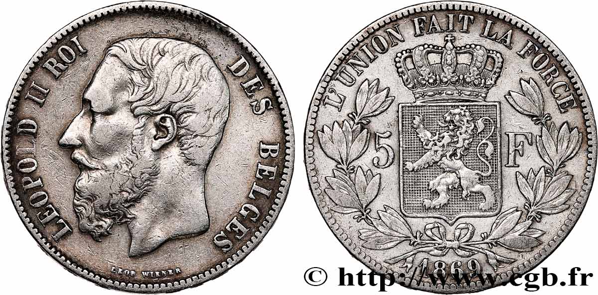BELGIQUE 5 Francs Léopold II 1869  TTB 