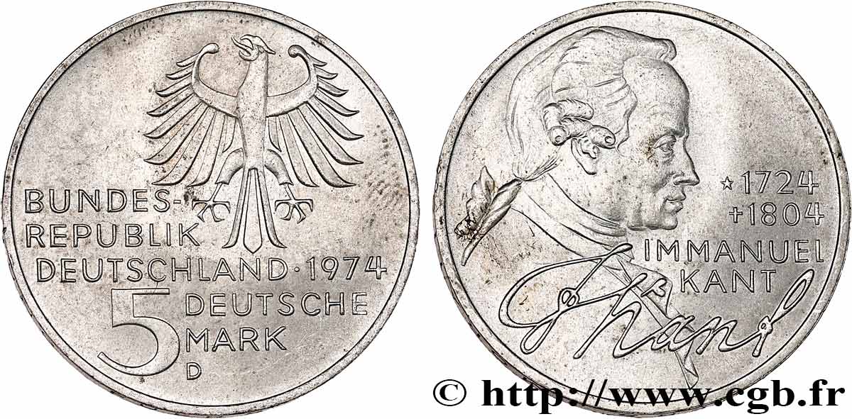 ALLEMAGNE 5 Mark Emmanuel Kant 1974 Munich  SUP 