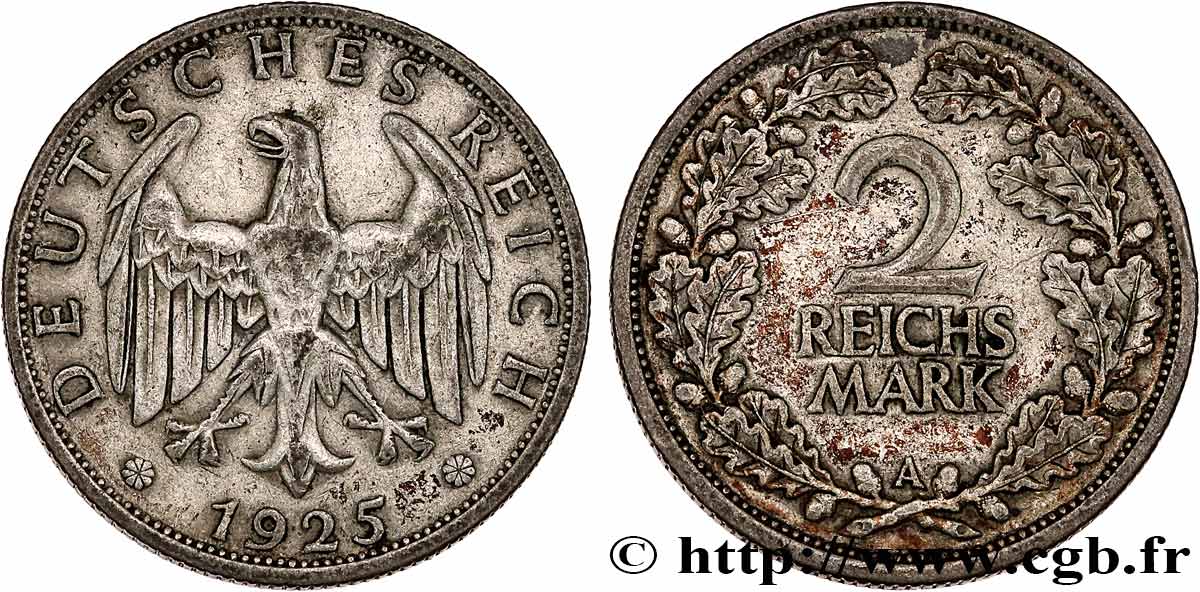 ALLEMAGNE 2 Reichsmark aigle 1925 Berlin TB+ 