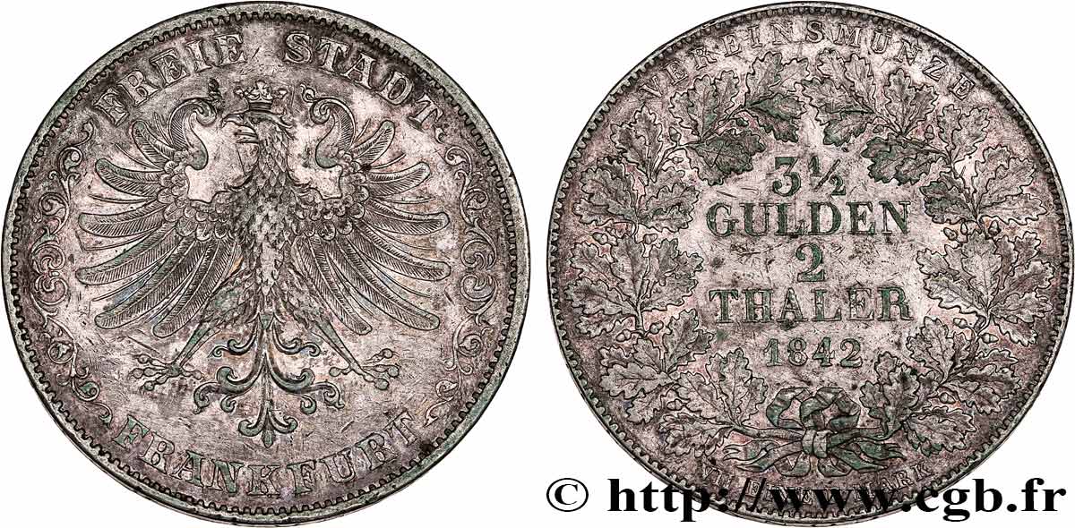 GERMANY - FRANKFURT FREE CITY 2 Thaler (3 1/2 Gulden) 1842 Francfort XF 