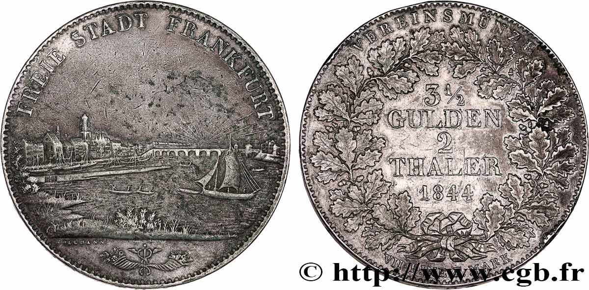 ALLEMAGNE - VILLE LIBRE DE FRANCFORT 3 1/2 Gulden 2 Thaler 1844 Francfort TTB 
