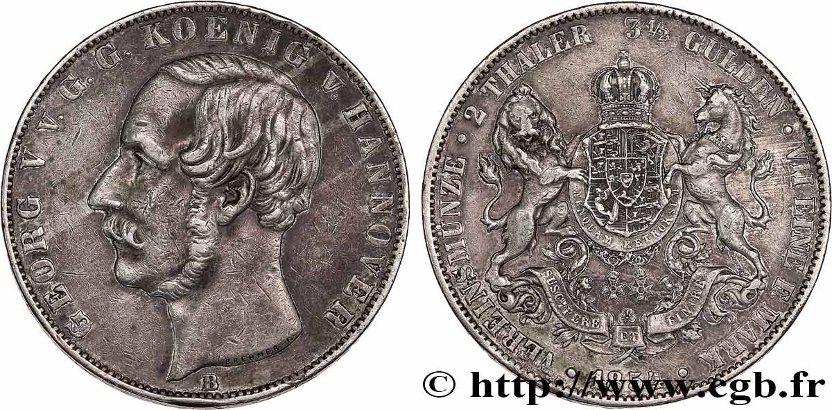 ALLEMAGNE - ROYAUME DE HANOVRE - GEORGES V 2 Thaler  1854 Hanovre  TTB 