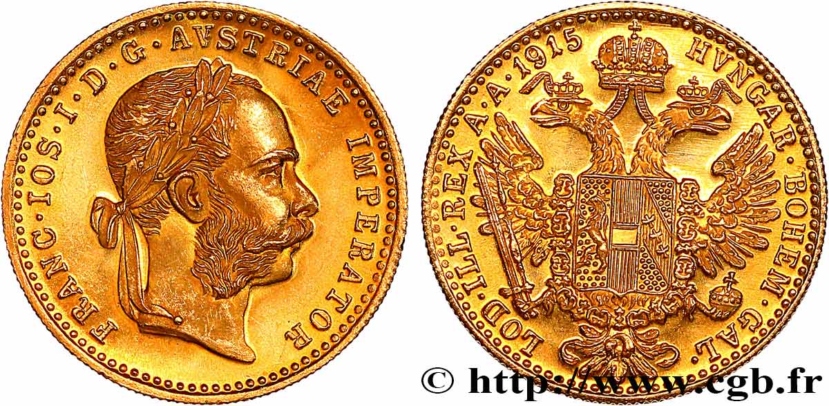 GOLD, PALLADIUM & PLATINUM INVESTMENT 1 Ducat refrappe moderne François-Joseph Ier 1915  MS 