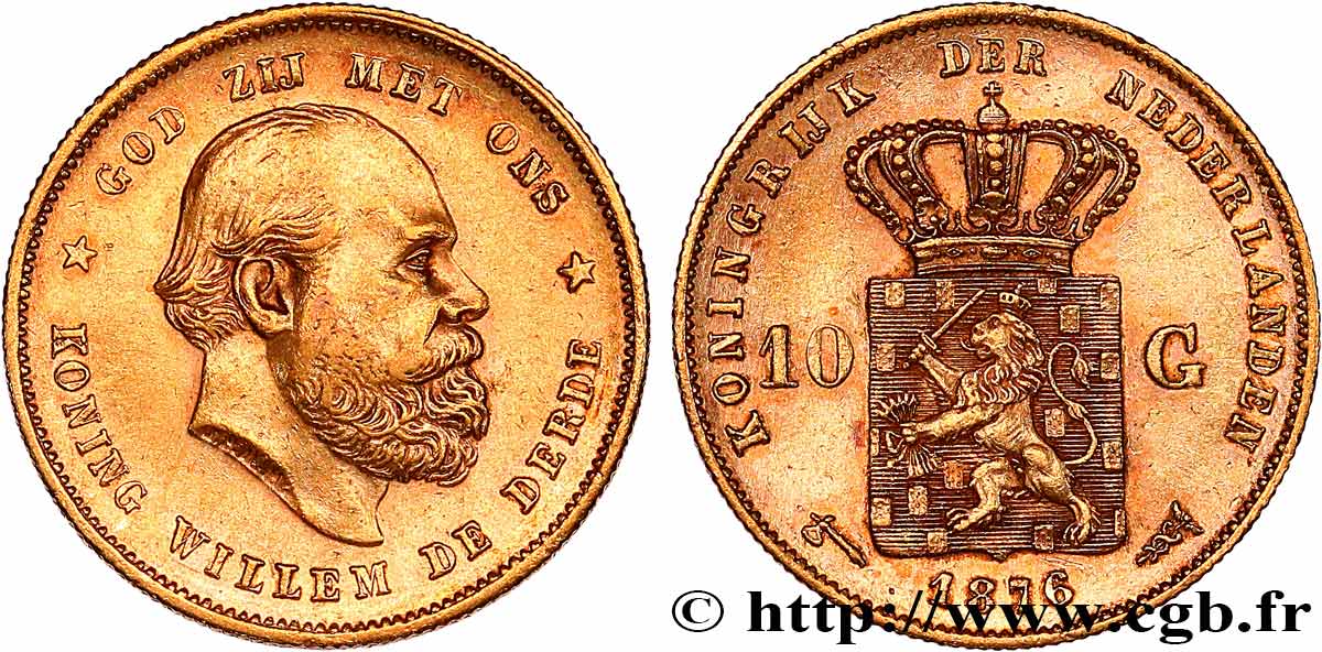 OR, PALLADIUM ET PLATINE INVESTISSEMENT 10 Gulden Guillaume III, 2e type 1876 Utrecht TTB+ 