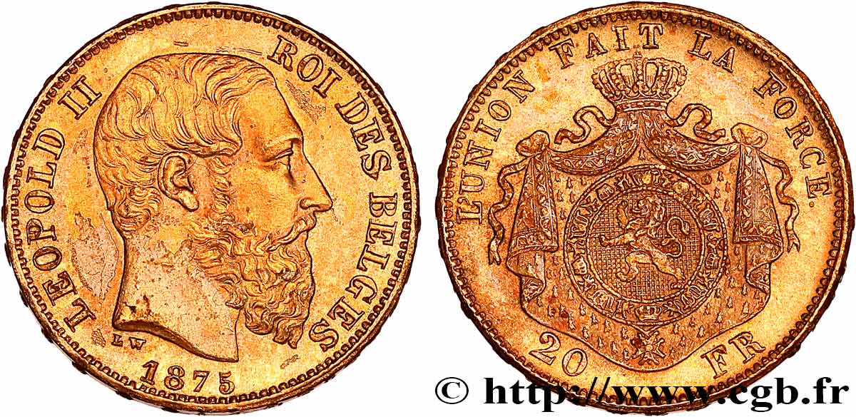 INVESTMENT GOLD 20 Francs Léopold II 1875 Bruxelles q.SPL 