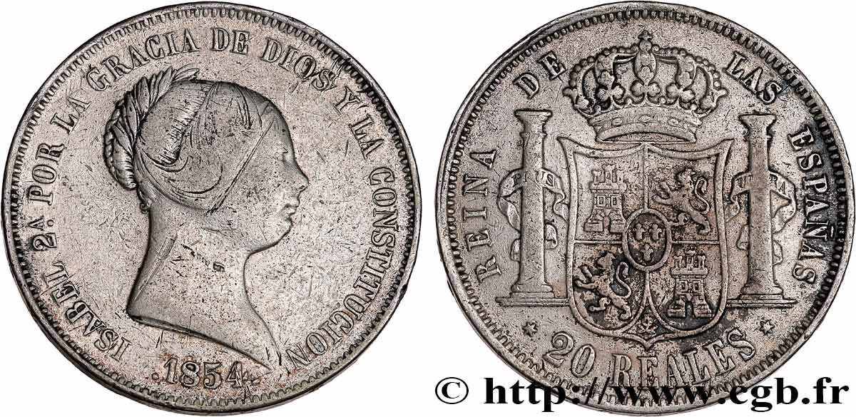 ESPAÑA 20 Reales Isabelle II 1854 Madrid BC+ 
