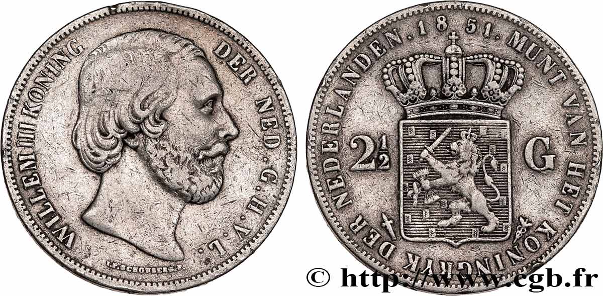 NETHERLANDS - KINGDOM OF THE NETHERLANDS - WILLIAM III 2 1/2 Gulden  1851 Utrecht XF 