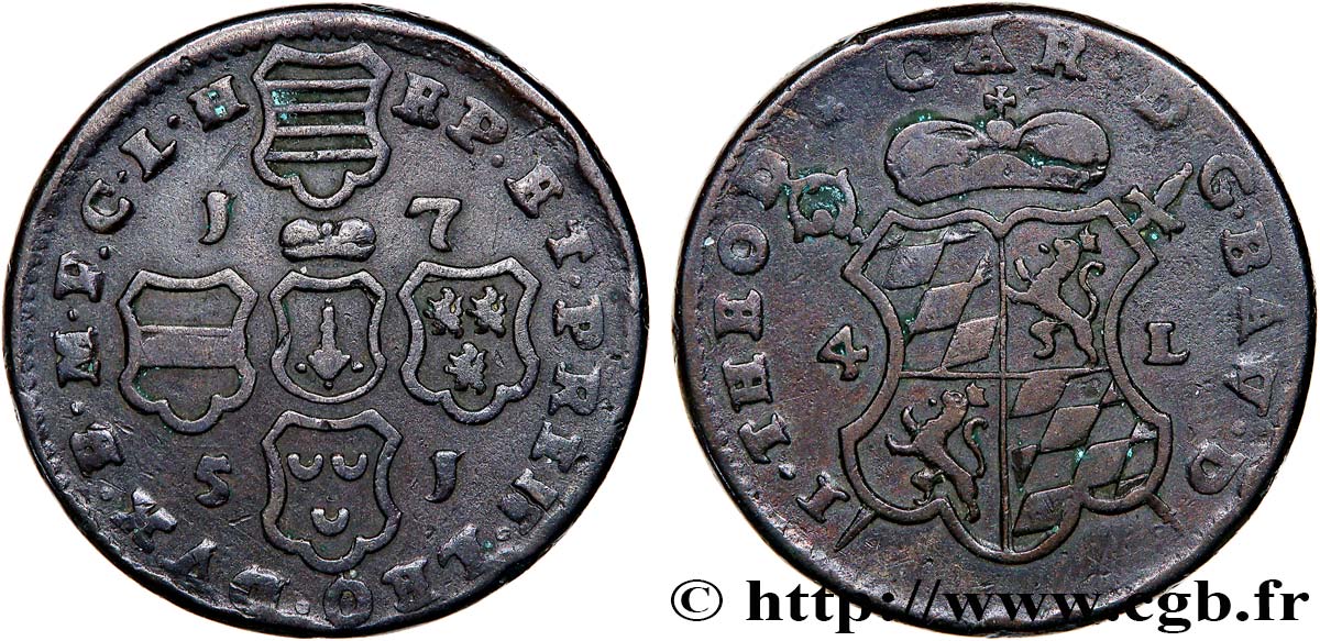 BELGIQUE - PRINCIPAUTÉ ÉPISCOPALE DE LIÈGE 4 Liards Évéché de Liège frappe au nom de Jean-Théodore de Bavière 1751  TTB 