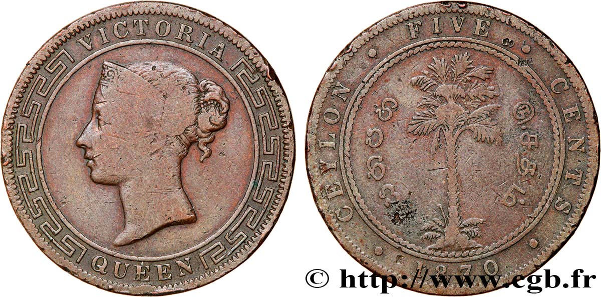 CEYLAN 5 Cents Victoria 1870  TB 