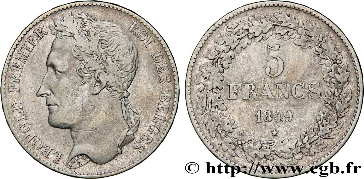 BELGIQUE 5 Francs Léopold Ier tête laurée 1849  TB+ 