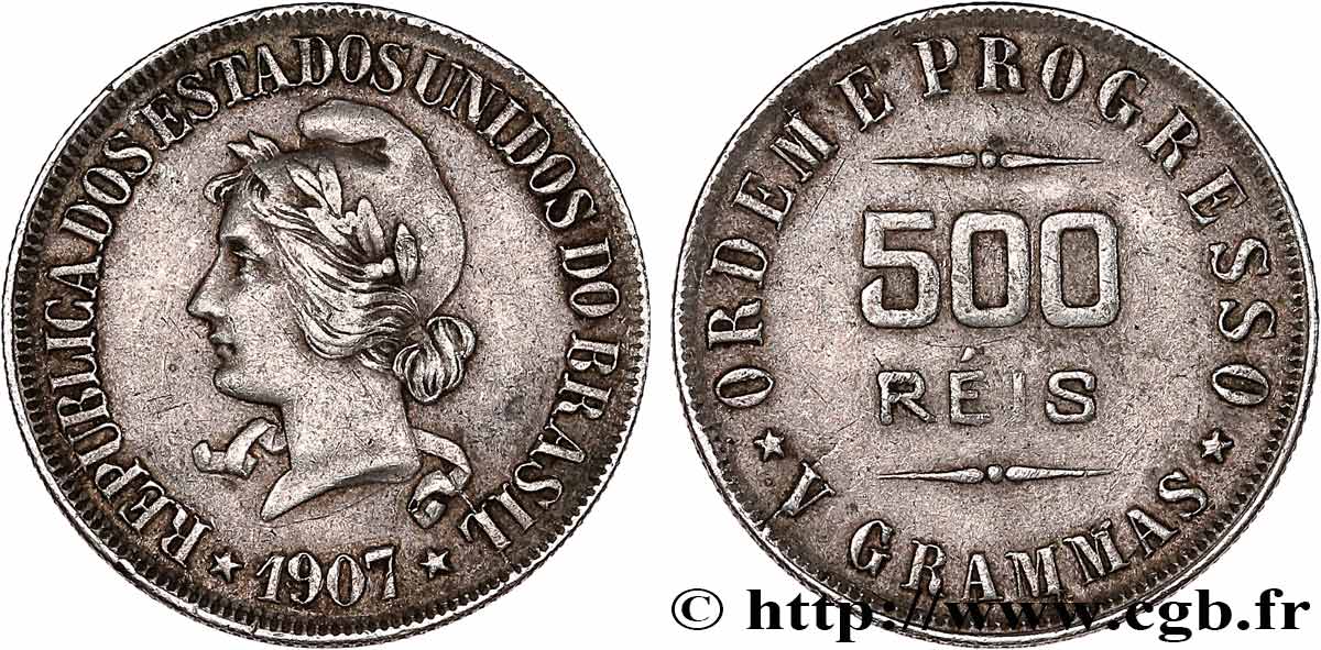 BRÉSIL 500 Reis “Liberté” 1907  TB+ 
