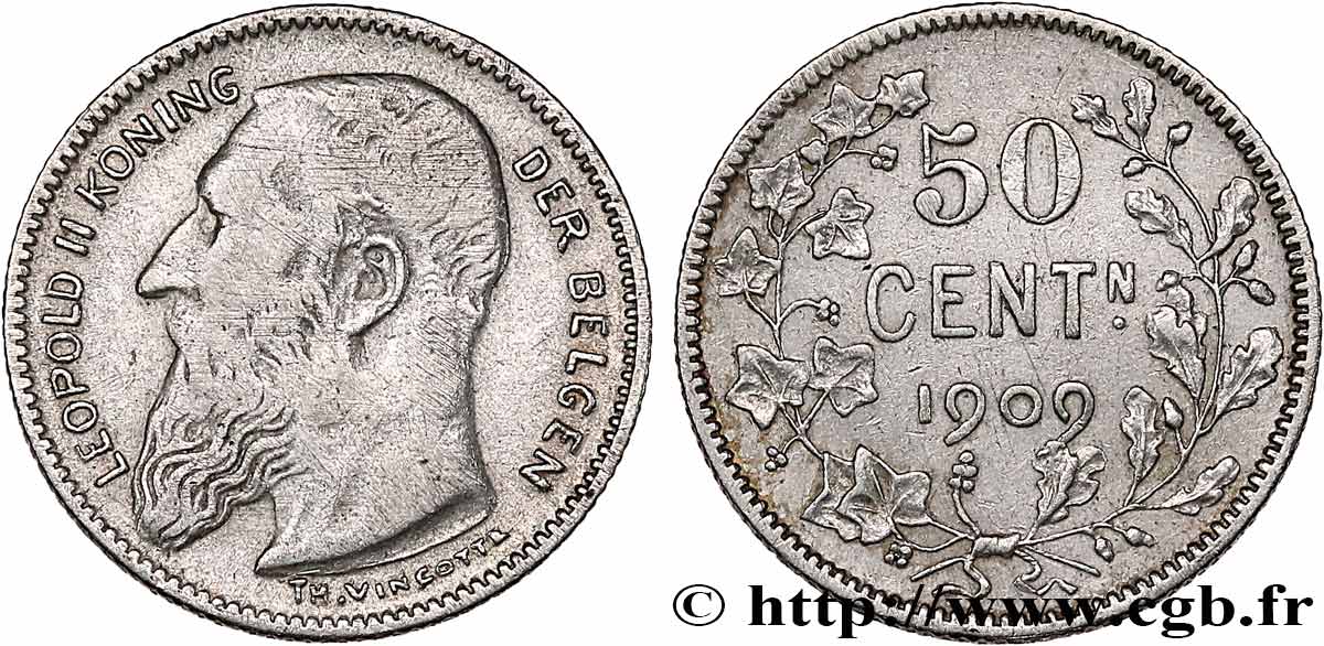 BELGIQUE 50 Centiemen (Centimes) Léopold II légende en flamand 1909  TB+ 