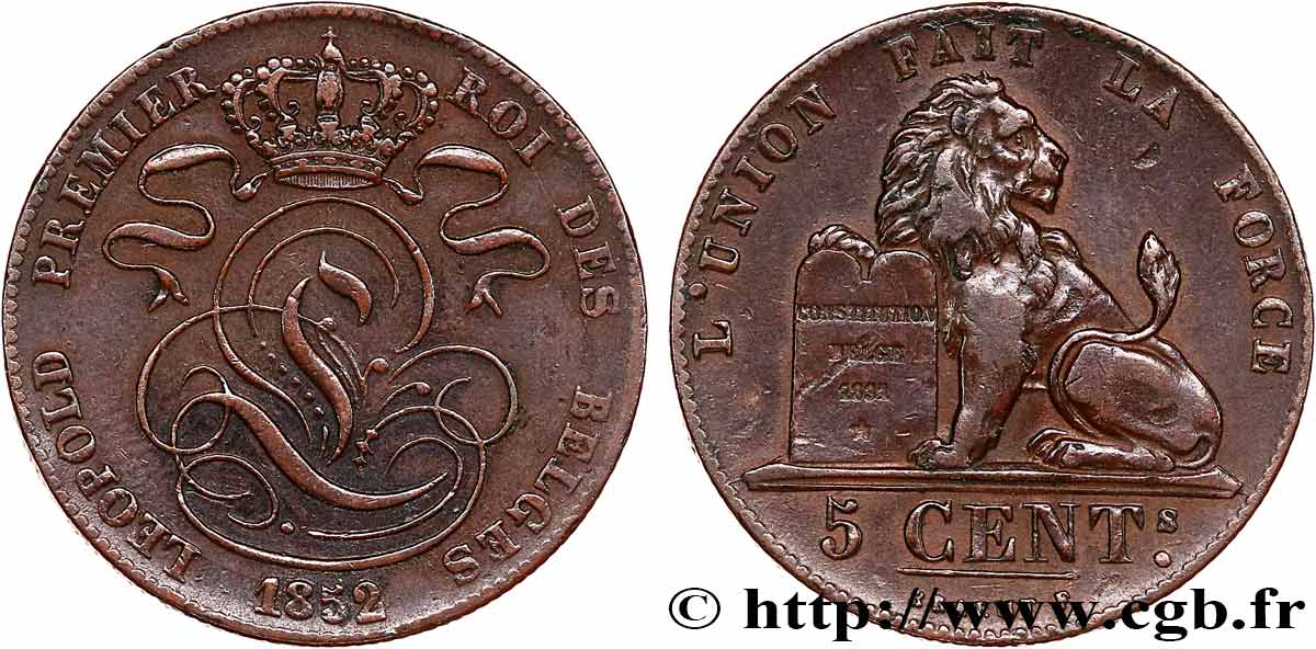 BELGIQUE 5 Centimes Léopold Ier 1852  TTB 
