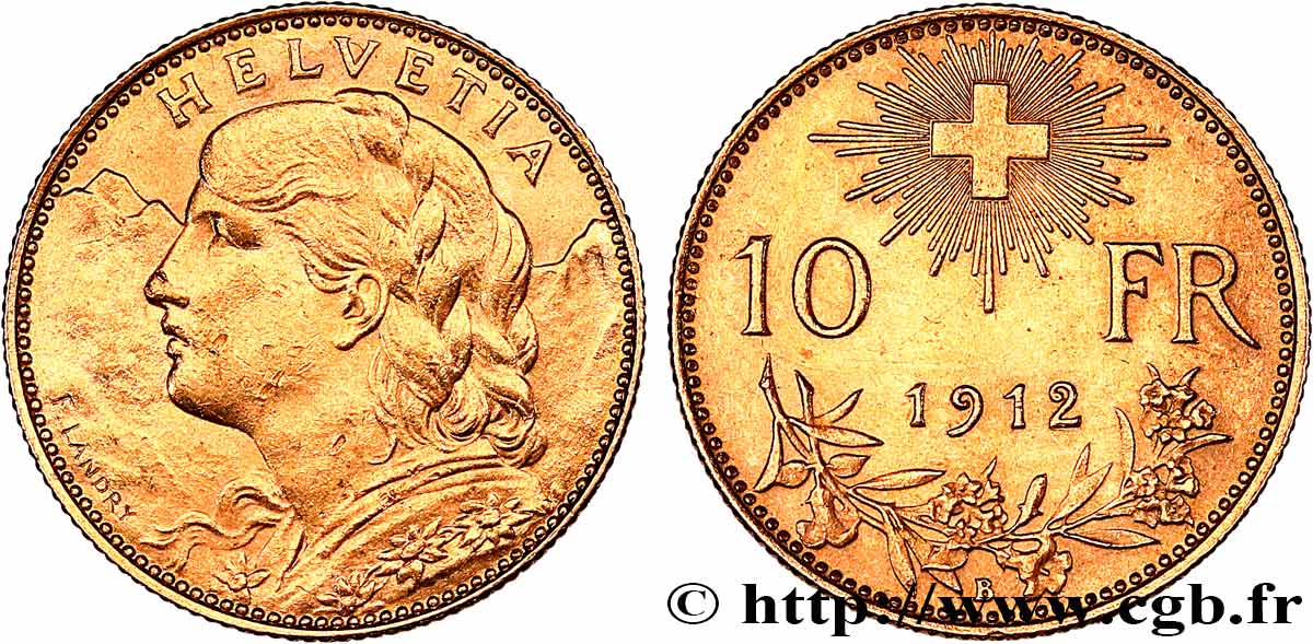 SWITZERLAND 10 Francs  Vreneli  1912 Berne AU 