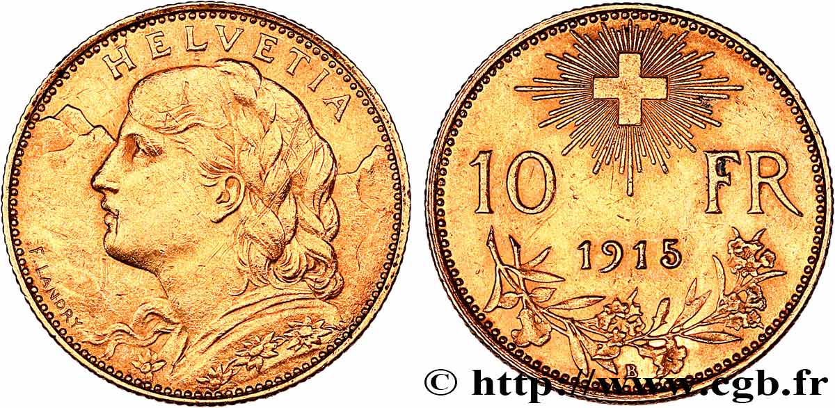 SCHWEIZ 10 Francs  Vreneli  1915 Berne  fVZ 